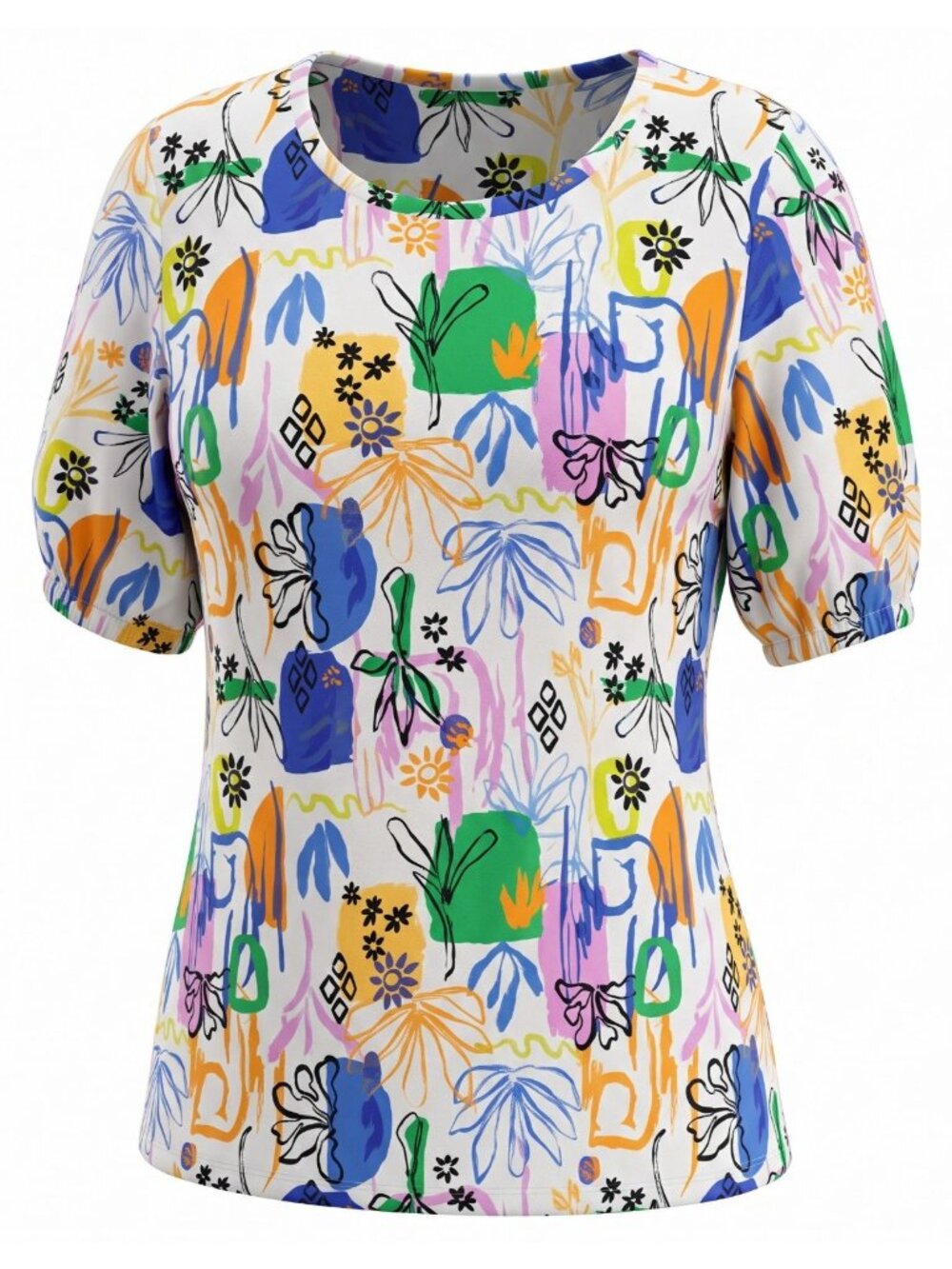 Chico's Womens Size 1 M Pima Cotton Art Print Floral Short Sleeve Top Colorful